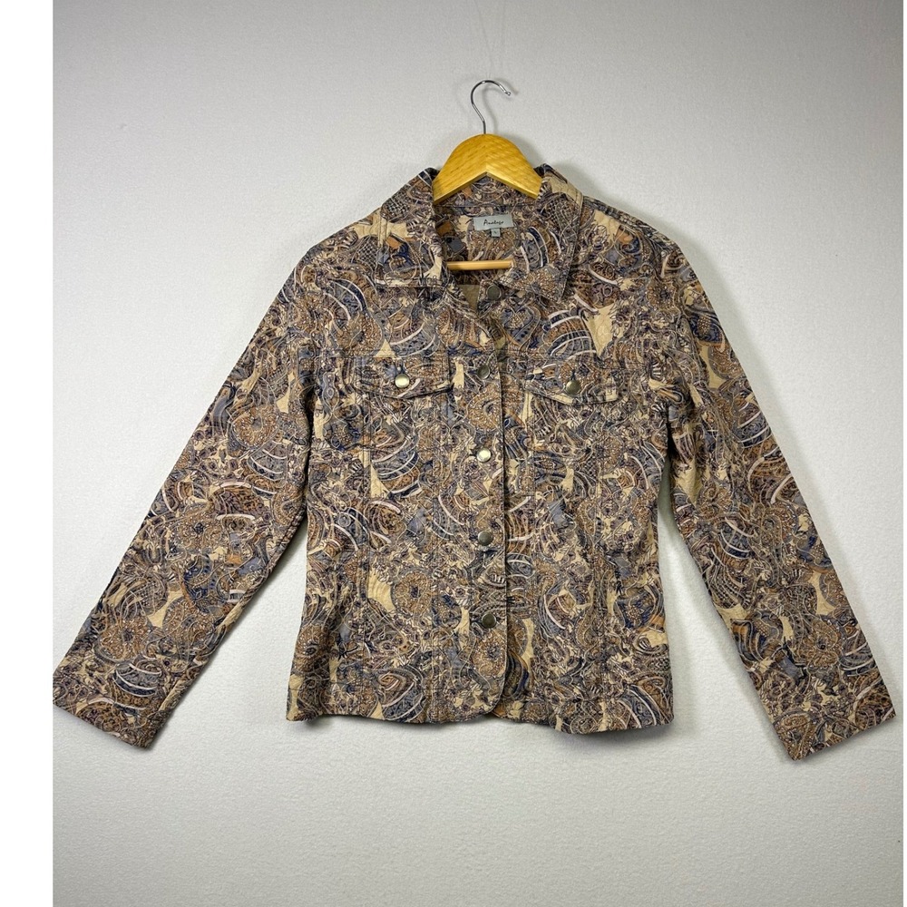 Boho Art to‎ Wear Analogy Womens Large Tan Blue Paisley Stretch Trucker Jacket